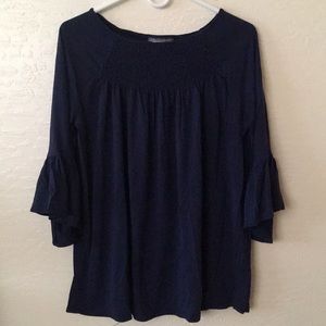 Maternity  navy ruffled blouse.